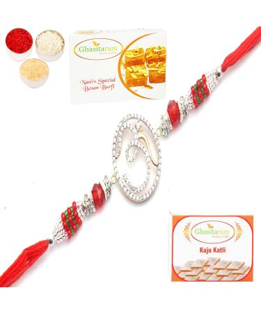 Ghasitaram Gifts Rakhi for Brother Rakhis Online - The Divine Grace of Om Diamond Rakhi with 200 GMS of Besan Barfi and 200 GMS of Kaju Katli Rakhi with 200 gms of Besan Barfi & Kaju Katli