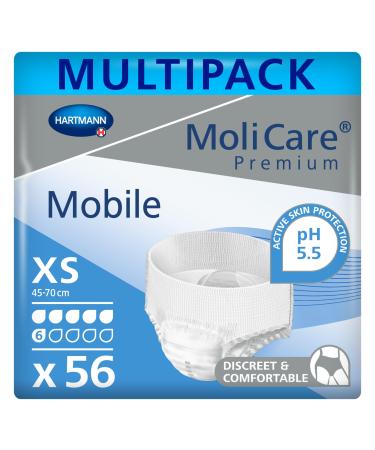 Molicare Premium Mobile disposable pants: Discrete use with incontinence for women and men 6 drops size.XS (45-70 cm hip circumference) 4x14 pieces 6 drops XS (56 pieces) 56 pieces