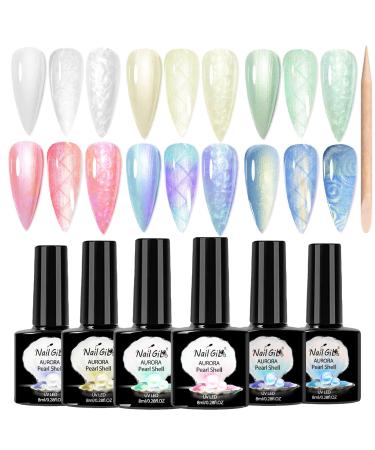 NAILGIL Pearl Gel Nail Polish Set Mermaid Gel Polish White Pink Blue Green Yellow Aurora Shimmer Nail Drawing Soak Off Led Gel for Swirl Shell Thread Pearlescent Iridescent Effect Set Pearl Set