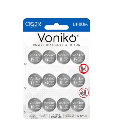 Voniko 3V 2016 Battery 12 Pack  Button Cell 2016 Batteries  Lithium CR2016 3 Volt Coin Battery  Child-Protection Packaging, 7 Years Shelf Life 1 Count (Pack of 12)