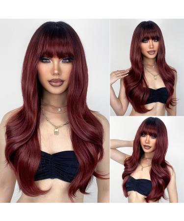 XIXIBI Red Wigs with Bangs  Wine Red Wigs for Women Long Wavy Wigs with Dark Roots Ombre Burgundy Wigs Natural Looking Synthetic Heat Resistant Fiber for Daily Party Use (26Inch)