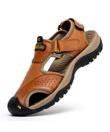 BINSHUN Sandals for Men Leather Hiking Sandals Athletic Walking Sports Fisherman Beach Shoes Closed Toe Water Sandals 9.5 Brown