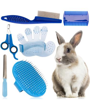 6 Pieces Rabbit Grooming Kit, Bunny Brush for Shedding - Pet Hair Grooming Bath Brush with Adjustable Handle, Pet Combs, Nail Clippers and Trimmer - Suit for Rabbit, Hamster, Bunny, Guinea Pig Blue