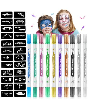 AOMIG Temporary Tattoo Pen  10Pcs Double- ended Glitter Tattoo Pen Kit with Stencils Of 24 Different Patterns  Shimmery Body Tattoo Markers for Kids Party Dress Up