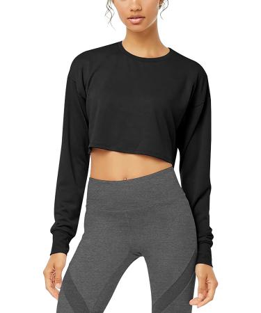 Bestisun Long Sleeve Crop Top Cropped Sweatshirt for Women with Thumb Hole Medium Black