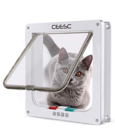 CEESC Cat Flap Door Magnetic Pet Door with 4 Way Lock for Cats, Kitties and Kittens, 3 Sizes and 2 Colors Options (M- Inner Size: 6.18"(W) x 6.30"(H), White) M- Inner size: 6.18"(W) x 6.3"(H) White