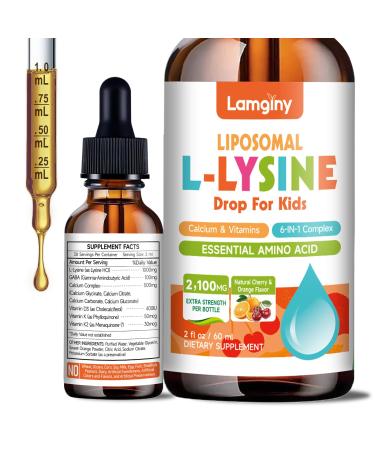 L-Lysine Liqud Drops, 1000mg L-Lysine for Kids & Adults with Calcium Complex, GABA, Vitamins, Skin & Lip Health, Immune & Collagen Production Support, Non-GMO, Natural Cherry & Orange Flavor 2 FL oz