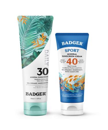 Badger Sport & Daily Sunscreen Bundle - SPF 40 Sport Mineral Sunscreen SPF 30 Daily Mineral Sunscreen Reef-Friendly Sunscreen with Zinc Oxide
