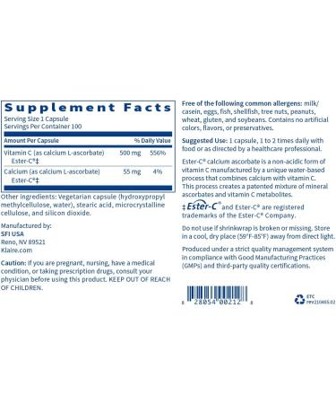 Klaire Labs Ester-C 500mg Buffered Vitamin C - Gentle on Stomach - Immune & Antioxidant Support - Hypoallergenic (100 Capsules) - Buy Online on GoSupps.com