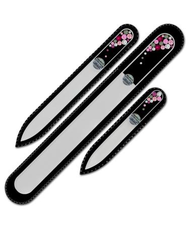 Mont Bleu Set of 3 Crystal Nail Files Hand Decorated with Swarovski Elements in Black Velvet Sleeve - Genuine Czech Tempered Glass - Hand-Made Glass Nail Files Pink