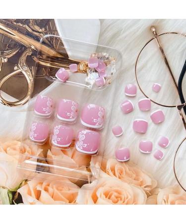 24Pcs Pink Press On Toenails with Cute Flower Design - Glossy Acrylic False Toe Nails for Women and Girls - Buy Online on GoSupps.com