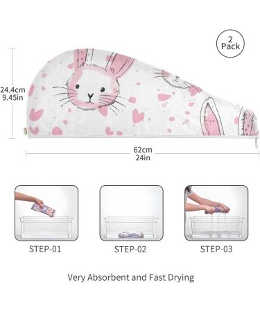 Pink Rabbit Heart Hair Towel 2 Pack - Super Absorbent Quick Dry Hair Turbans for Women & Girls - Buy Online on GoSupps.com