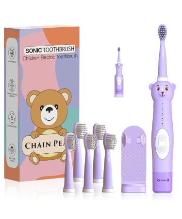 CHAIN PEAK Kids Sonic Electric Toothbrush Cute Bear Rechargeable Toothbrush for Children Boys Girls Age 3-12 with 30s Reminder 2 Min Timer 5 Modes 6 Brush Heads Wall-Mounted Holder Purple+6 Heads+ Holder