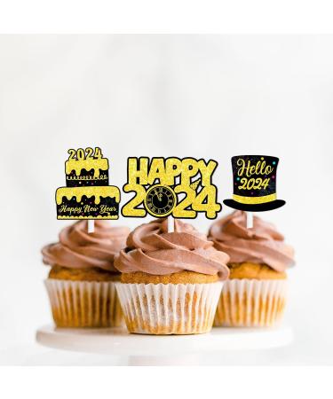 LETLIMIT 18pcs Gold Glitter Dessert Cupcake Topper Happy 2024 Hello 2024 Theme Decorations Hapyy New Years Eve Wedding Winter Party Decor Supplies - Buy Online on GoSupps.com