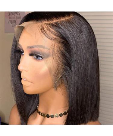 Lace Front wigs WIGS Synthetic real hair precut lace front wig Straight bob real hair wig black women 150% precut hairline natural black 14 inches