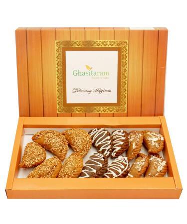 Ghasitaram Gifts Holi Sweets Holi Gifts Holi Hamper Roasted Til/ Sesame Traditional Gujiyas Box and Chocolate Gujiyas Box