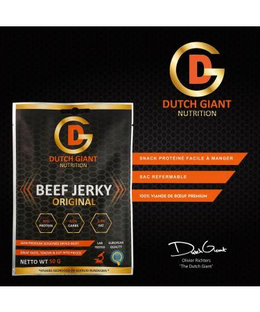 Dutch Giant Beef Jerky Peppered | 10 x 50 gram | 500g Beef Jerky for People | Dried Meat | Biltong | American Food | Snack | Survival Ration | High Protein | Musclemeat - Buy Online on GoSupps.com