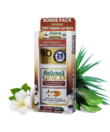 Nature's Gold Natural Hypoallergenic Aluminum-Free Deodorant for Men & Women with Free Organic Lip Balm! Contains Aloe Vera. Safe for Sensitive Skin. Won't Stain Clothes! Heavenly Jasmine & Cedarwood.