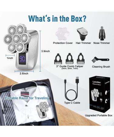 Lyandieo 7D Head Shaver for Bald Men - Waterproof Electric Razor with Nose Hair Trimmer, LED Display, Rechargeable - Silver - Buy Online on GoSupps.com