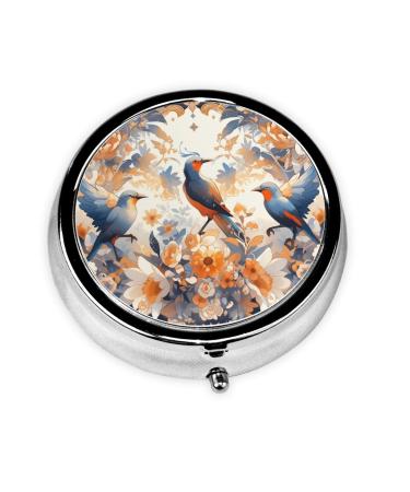 Colorful Birds Stand on Flowers Portable Metal Pill Box Round Mini 3-Compartment Plastic Insert hinged Fastening Design Suitable for Small Pills Must-Have for Travel Black