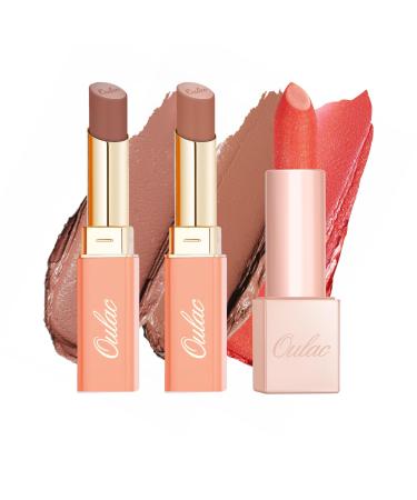 Oulac Lipsticks Set for Women - Orange Lipstick Kit Creamy Texture Hydrating Lip Vegan&Gluten-free Include Sensual Glow Satin Lipstick and Metallic Shine Lipstick (SG04+SG05+PG04)