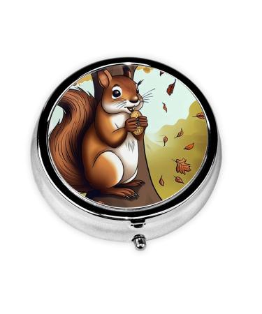 Nut-Eating Squirrel Portable Metal Pill Box Round Mini 3-Compartment Plastic Insert hinged Fastening Design Suitable for Small Pills Must-Have for Travel