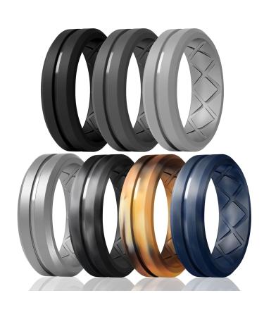 MIROMIHO Inner Arc Ergonomic Breathable Design,Silicone Rings for Men, 7 Rings / 4 Rings-Breathable Rubber Wedding Bands SETB1-Black,Black Gray,Light Gray,Metallic Silver,Black Gray-Black Camo,Desert Camo,Black Gray-Blue Camo 10.5-11(20.6mm)