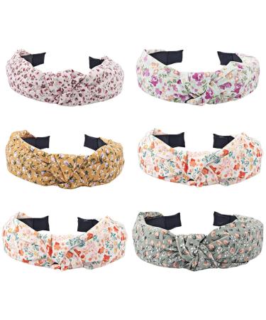 Misgirlot 6Pcs Floral Knotted Headband Cross Knot Hair Bands Wide Knotted Headbands for Women Turban Hair Hoops Vintage Top Knot Hairband Elastic Hair Accessories for Women and Girls