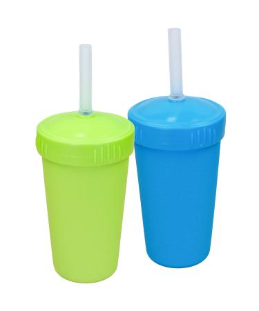 Re Play Made in USA 2 Pack Reusable Toddler Cups With Straws - Dishwasher Safe Kids Straw Cups Made from Recycled Milk Jugs with Locking Medical Grade Silicone Straws - Lime & Sky Blue