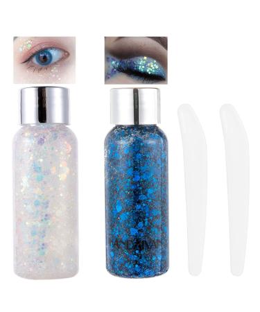 Body glitter gel glitter liquid face body glitter gel festival glitter mermaid sequins chunky glitter liquid face hair make-up long loading sparkling with 1 spoon white+blue