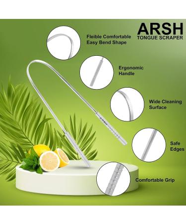 Arsh Stainless Steel Tongue Scraper - Ultimate Oral Care & Hygiene for Adults | U-Shaped Tongue Cleaner to Reduce Bad Breath - Durable & Effective Tongue Scrubber for Men & Women - Buy Online on GoSupps.com
