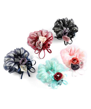 Pearl Hair Ties Silk Satin Scrunchy - Flower Hair Elastics Bands Ponytail Holder Neutral Scrubchy Hair Accessories Women Girls (001)
