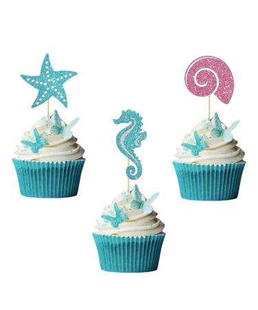 RoadSea Ocean Sea Animal Cupcake Toppers - Conch Hippocampus Seahorse Ocean World Party Cupcake Supplies - Kid Birthday - Wedding Party Dessert Decorations - 24 PCS Glitter