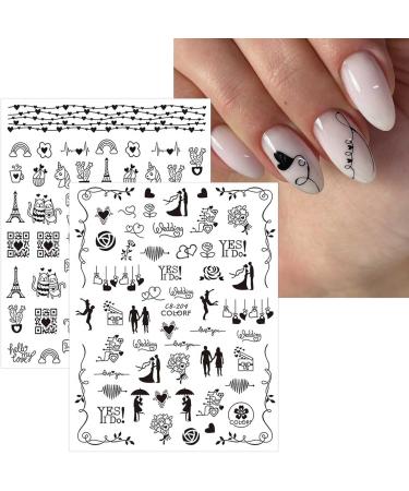 JMEOWIO Spring 3D Nail Art Stickers 9 Sheets Self Adhesive Nail Decals Heart-Shaped Flower Pattern DIY Design Nail Decoration for Women Girls (Black) - Buy Online on GoSupps.com