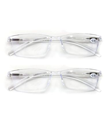 V.W.E. 2 Pairs Lightweight Transparent Clear Rectangular Unisex Readers with Spring Hinge - Reading Glasses 2 Clear 1.75 x