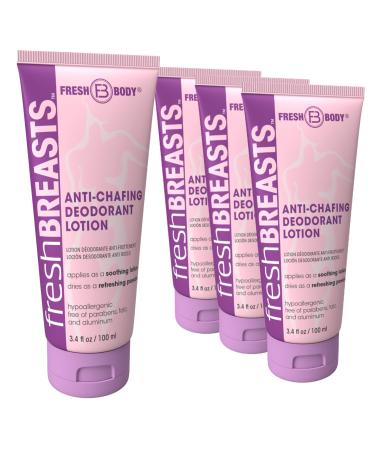 Fresh Body FB Fresh Breasts Anti-Chafing Deodorant Lotion to Powder 3.4 Fl Oz (4 Pack) Anti Chafe Cream Whole Body Deodorant for Women Inner Thighs & Areas that Sweat No Talc Aluminum & Fragrance 3.4 Fl Oz (Pack of 4)