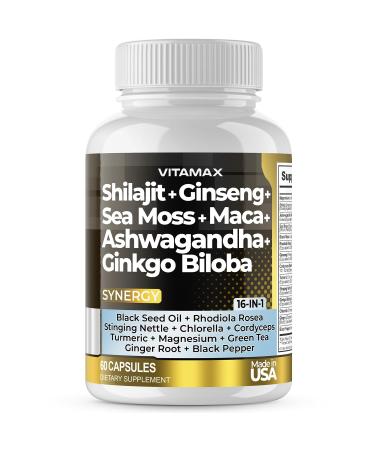 Vitamax Pure Himalayan Shilajit Supplement Ashwagandha Sea Moss Rhodiola Rosea Gingko Biloba - Fulvic Acid & Trace Mineral Capsules for Men and Women Made in USA