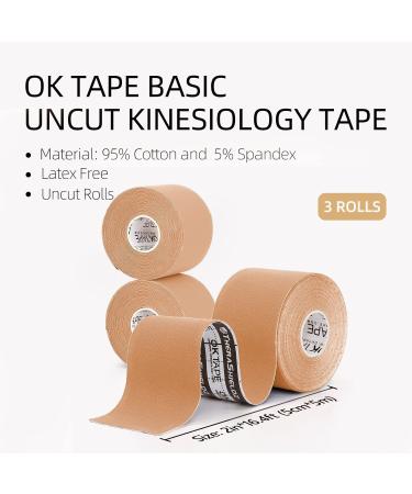 OK TAPE Basic Kinesiology Tape (3 Pack) - Cotton Athletic Tape for Muscle Support - Waterproof & Latex Free - Pain Relief & Joint Support - 3 Rolls Beige - Buy Online on GoSupps.com