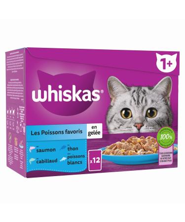 WHISKAS Cat Meal - 48 Freshness Sachets (Pack of 4 Packs 12 x 85g) - Favorite Fish (4 Varieties) - Food for Adult Cats in Jel