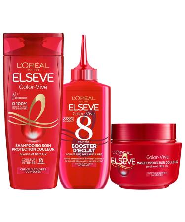 L OR AL PARIS - Radiance Booster Routine - Colored Bleached or Highlighted Hair - Protects Color - Peony and UV Filters - Shampoo + Mask + Treatment - Elseve Color-Vive