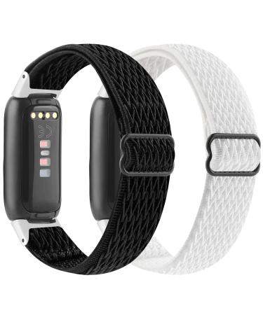 ?2Pack? Elastic Watch Band Compatible with Fitbit Luxe,Adjustable Woven Soft Nylon Stretch Sport Breathable Wristband Replacement Women Men for Fitbit Luxe(Black-White)
