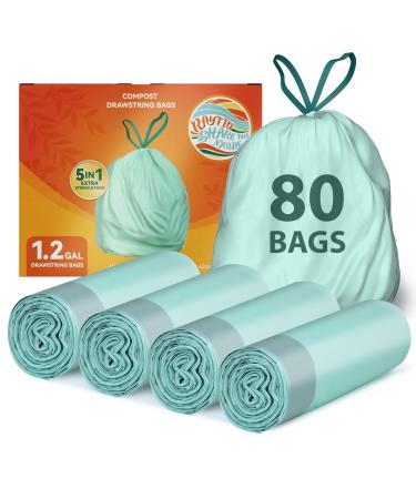 RAYTID Compostable Trash Bags Drawstring, 1.2 Gallon, Extra Thick 0.87 Mil, Cuntertop Compost bin Kitchen Food Scrap Bags,Fits 0.75,1.2,1.3 Gal Trash Bin/Can, US BPI & Europe OK Compost Certified 1.2G-80