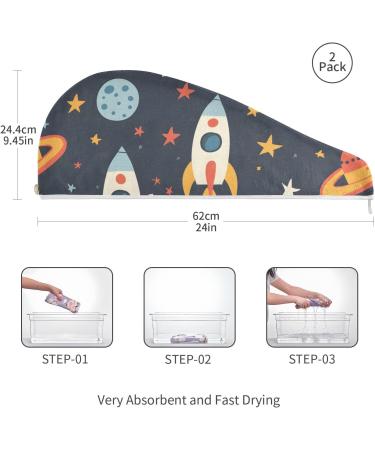 Rocket Planet Spaceship Hair Towel 2 Pack | Super Absorbent Quick Dry Hair Turbans for Women & Girls - Buy Online on GoSupps.com