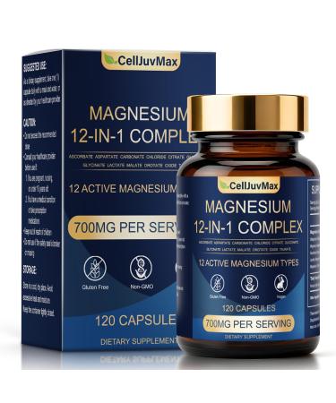 Magnesium 12-in-1 Complex Supplement 700mg High Absorption Magnesium Glycinate Citrate Malate & Taurate Blend for Muscle Nerve Sleep Support 120 Vegan Capsules for Women & Men (1)