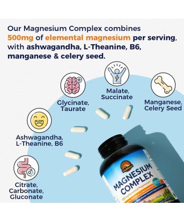 Vitalitown Magnesium Complex Supplement Magnesium Glycinate Citrate & Taurate L-theanine Ashwagandha Celery Seed Vitamin B6 Bone Mood Sleep Heart Health 180 Veggie Capsules 180 Count (Pack of 1) - Buy Online on GoSupps.com