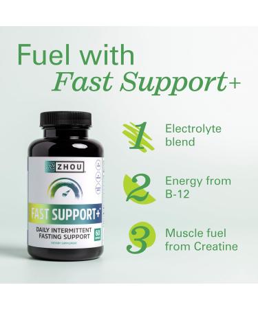 Zhou Fast Support+ | Intermittent Fasting Supplement with Vitamin B12 Electrolytes & Creatine | 60 Veg Caps for Energy & Performance - Buy Online on GoSupps.com