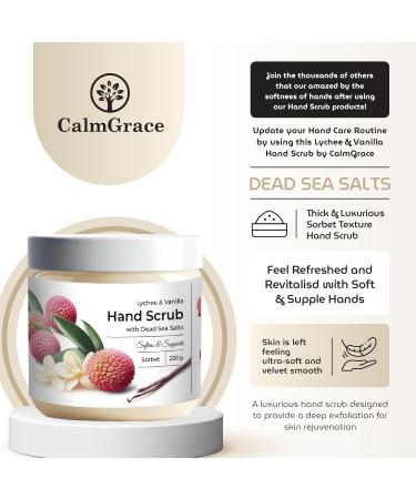 CalmGrace Exfoliating Hand Scrub with Dead Sea Salts Lychee & Vanilla Scent | 7.6oz | Hand Scrub Exfoliator in Sorbet Texture Fortified with Aloe Vera Coconut Oil Vitamin C | Body Care Moisturizer - Buy Online on GoSupps.com