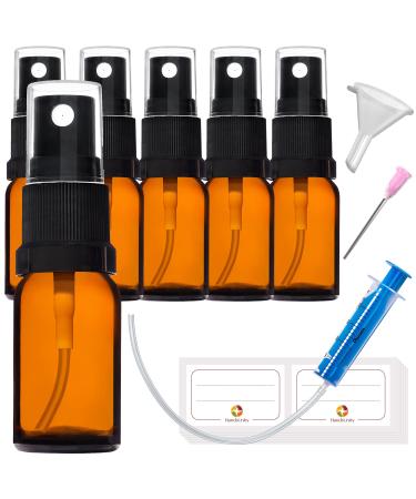 Handsunity 15ml-6Stk spray bottle glass bottle with atomizer-amber pharmacy bottle set with black atomizer Glass spray bottle made of brown las with 17 pcs accessories 15ml-6 pieces Black cap