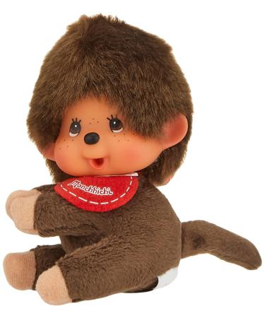 Sekiguchi 257140-Original Monchhichi boy with clip mechanism bracket-fuck made of brown plush with a red bib approx. 20 cm plush animal to attach to bags backpacks and pieces of furniture