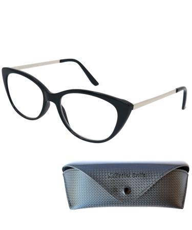 Mini glasses cateye reading glasses with large glasses free case plastic glasses frame and metal iron reading aid women black 1.5 diopters